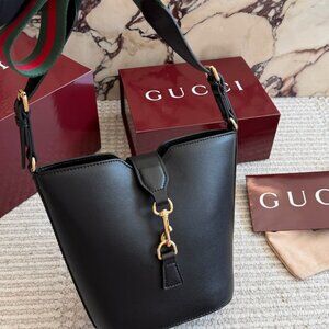 Gucci Black Leather Mini Bucket Bag Web Stripe Shoulder Strap + Box
